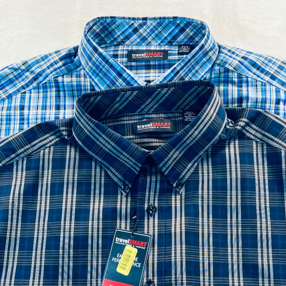 Roundtree & Yorke TravelSmart Plaid Button Down Shirts 2XT Blue 2 Pack NWT